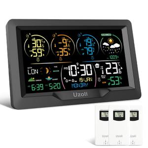 Uzoli EM3390 7.5" Weather Station, Weather Station Wireless Indoor Outdoor Thermometer, Digital Weather Stations 3 Sensors with Atomic Clock, Barometer, Moon Phase, Large Screen Monitor for Home Use