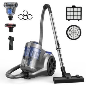 Aspiron 1700W Canister Vacuum Cleaner, 45Kpa Bagless Vacuum Cleaner, Multi-Cyclonic Filtration, 2 Anti-Allergen HEPA Filters, 3.5QT Dust Cup, 4 Tools, No Hair Tangles for Hard Floor, Pet Hair, Azure