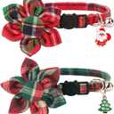 ADOGGYGO Christmas Cat Collar with Floral, 2 Pack Xmas Kitten Flower Collar, Red Green Plaid Christmas Collars for Cat Kitten (7.5"- 10.5")