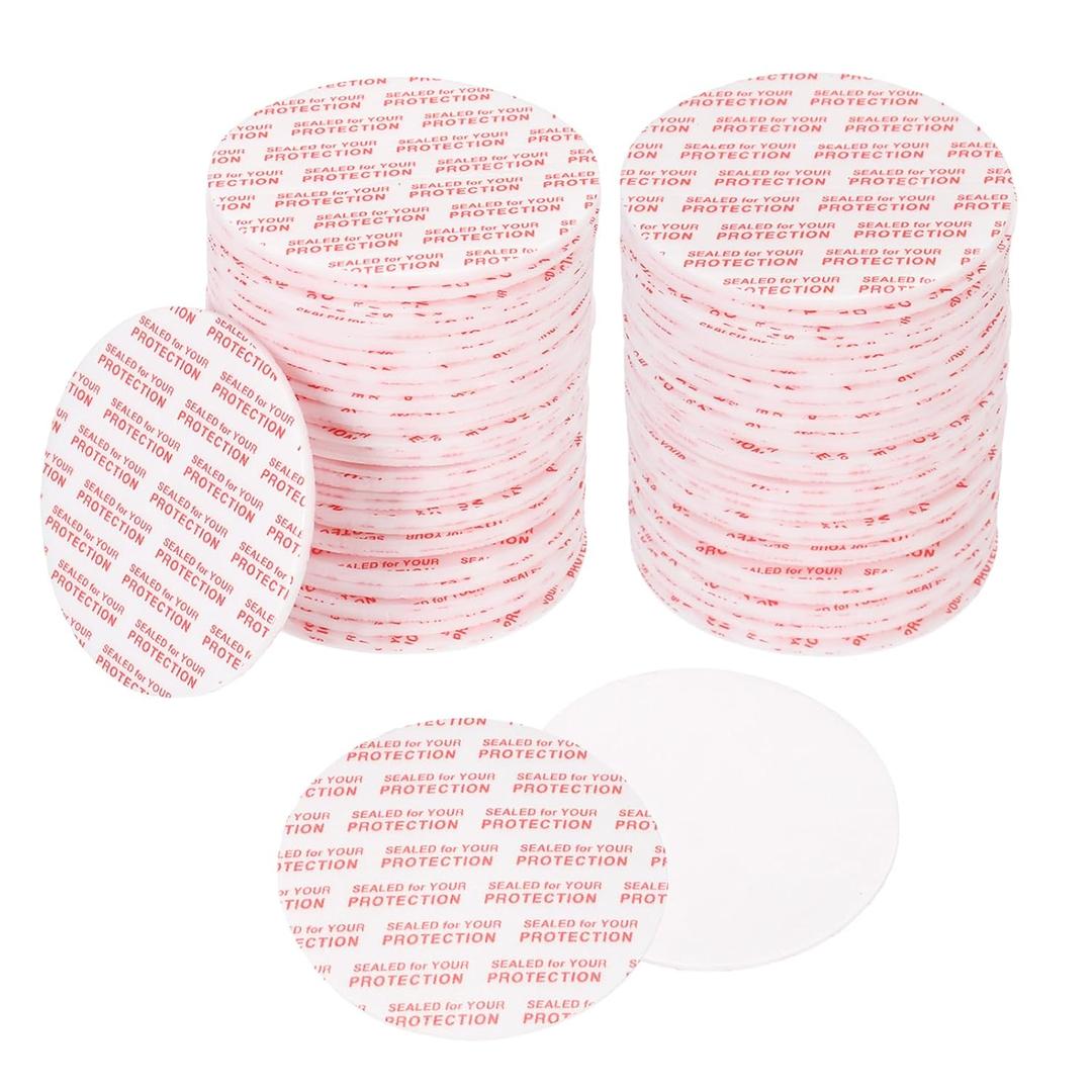 PATIKIL 51mm/2.01" Foam Lid Liner, 150pcs Adhesive Round PS Pressure Sensitive Seals, Cap Liners Resistant Tamper for Plastic Glass Jar Bottle Cap Canning Vials Seals Red Text, White