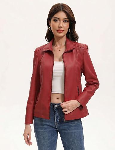 Vogaera Leather Jacket Women Faux Leather Jacket Bomber Jacket Motorcycle Coat Fall Fashion Outfits Wine Red L