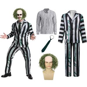 5 Pcs Black and Green Stripe Suit with Wig Adult Costumes for Men Movie Cosplay Outfits for Halloween (X-Large)