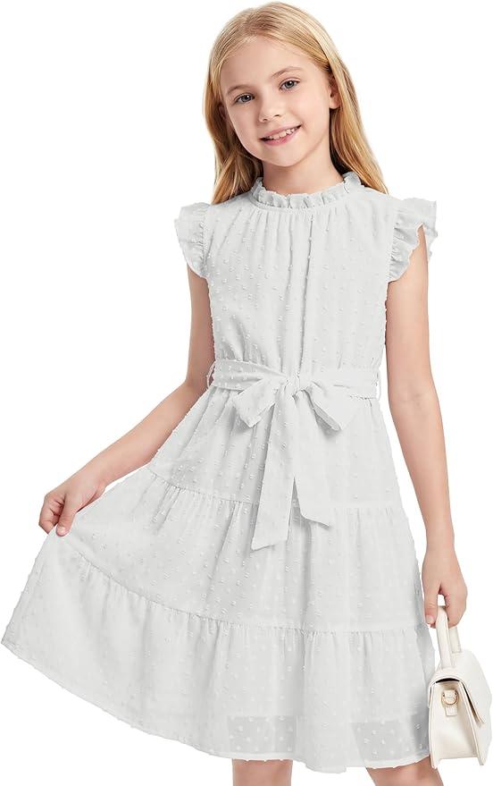 Cubear Girls Summer Dresses Ruffle Sleeve A-Line Swiss Dot Dress with Belt for Girls 8-9Years