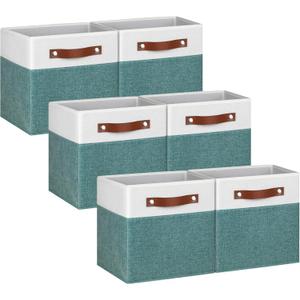 11 Inch Cube Storage Bin - 6 Pack - Linen Fabric 11x11 Cube Storage Bins for Bedroom, Living Room, Clothes and Toys; Foldable, Dual Leather Handles (White & Teal)