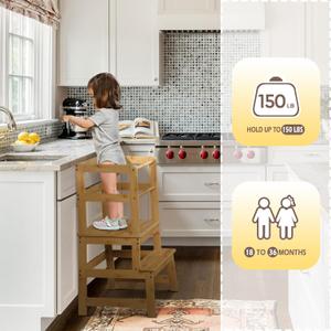 Toddler Step Stool, Wooden Kids Montessori Learning Standing Tower, Kid Kitchen Stools Helper with Safety Rail, Wide Platform Design, A Anti-tip Structure, Bulywood