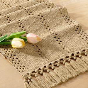 Boho Table Runner Summer Farmhouse Rustic Dining Kitchen Centerpiece Decor Small Macrame Woven Cotton Linen Coffee Table Runner for Dresser Scarf Home Decor 12x36 inch Champagne