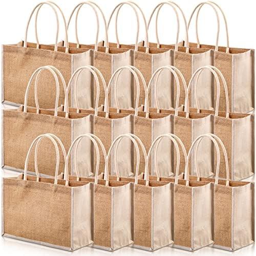 Reginary 16 Pcs Jute Tote Gift Bags Natural Burlap Grocery Shopping Bag Beach Tote with Handle for Bridesmaid Wedding Travel