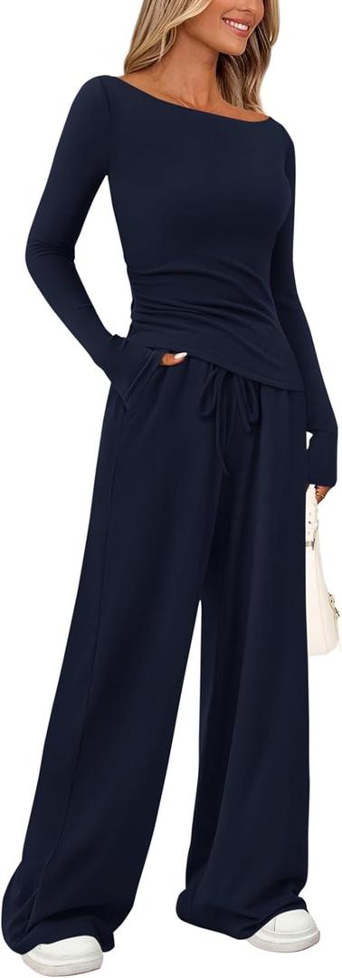 PRETTYGARDEN Women's 2 Piece Lounge Sets Asymmetrical Long Sleeve T Shirt Wide Leg Pants Casual Outfits Tracksuit (Medium, Navy)
