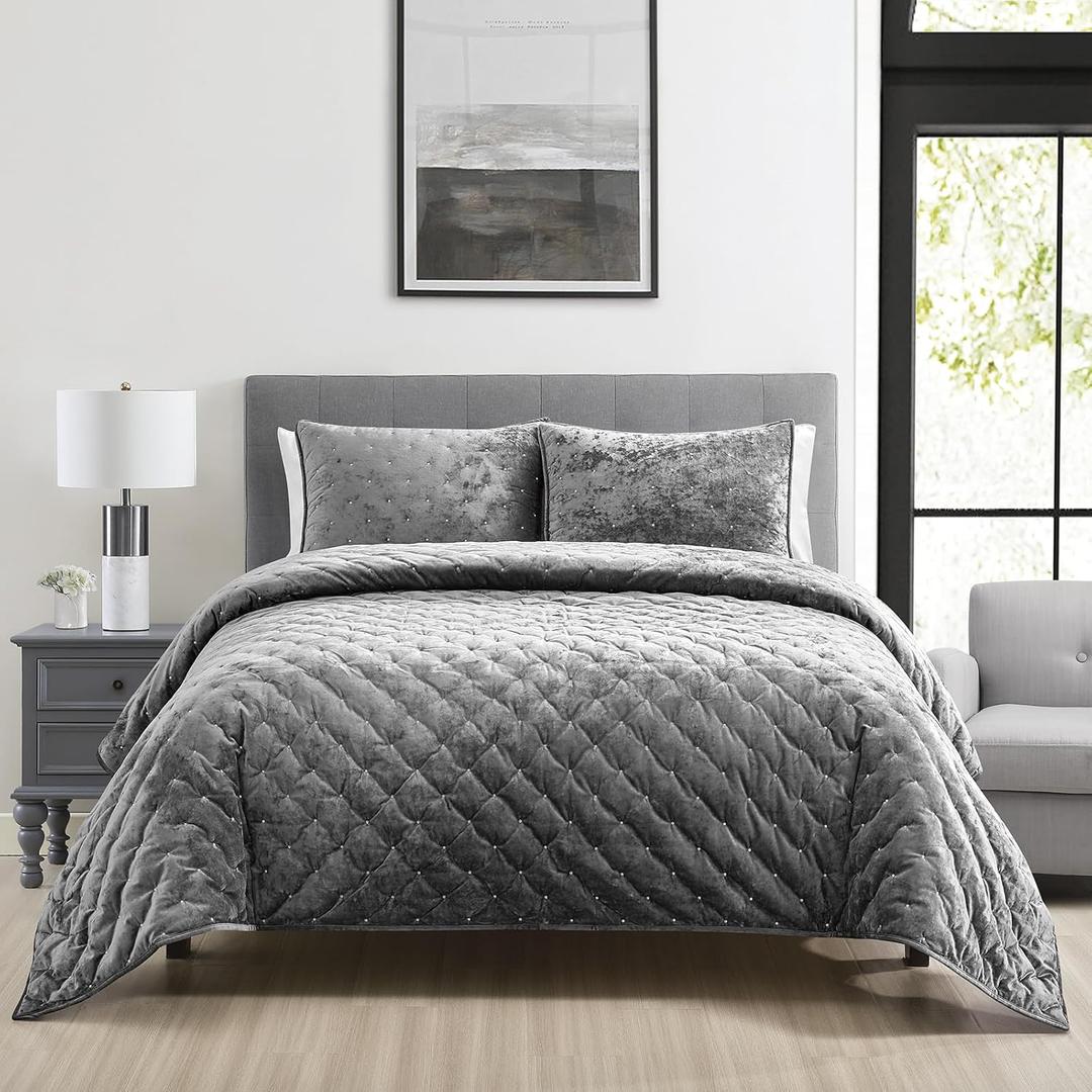 Sunshine Nicole Embroidery Quilt Set with Metallic Silver Thread, Distressed Velvet Face and Brushed Solid Microfiber Reverse, with Light Weight Soft Poly Fill, 3 Pieces Grey Silver, King