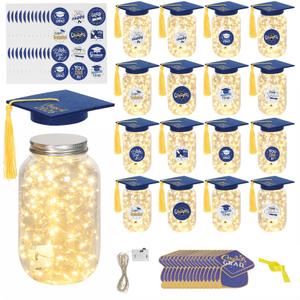 Upgrade 16 Sets Graduation Table Decoration with LED Lights，Graduation Decorations for Class of 2026，Includes Grad Jar, Felt Graduation Cap, Graduation Card, DIY Rubber Band and Ribbon（Blue）