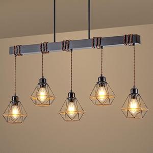 5 Light Kitchen Island Lighting, Farmhouse Chandeliers for Dining Room Light Fixtures Over Table, Modern Wood Pendant Lights Kitchen Island with Metal Lampshade