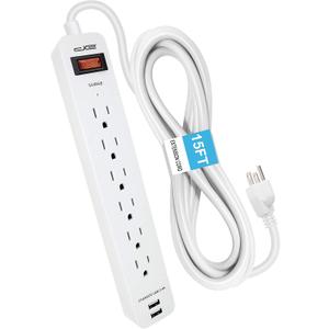 Digital Energy 6-Outlet + 2 USB 1050 Joule Surge Protector Power Strip with 15-Ft Long Extension Cord, White, UL Listed