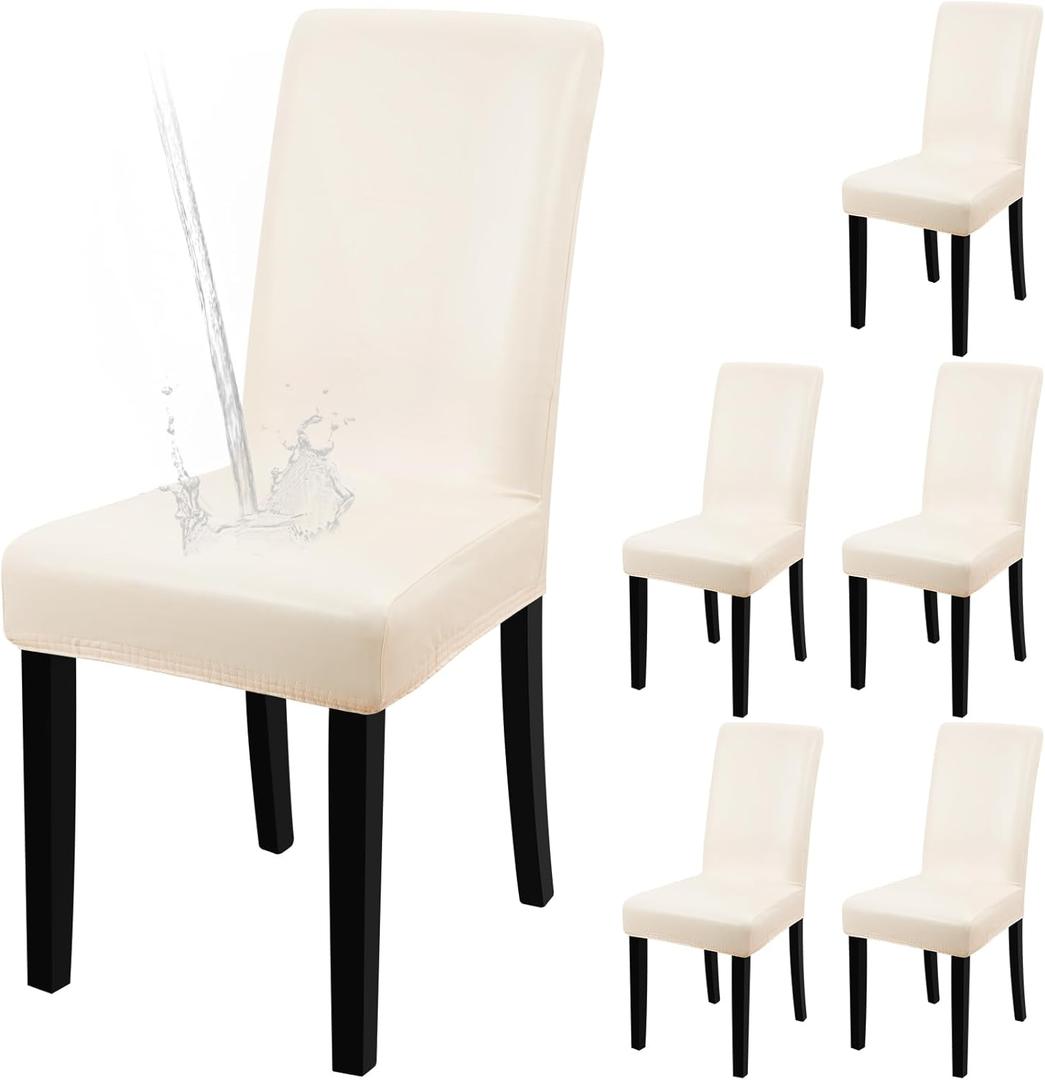 YISUN Dining Chair Covers, Solid Pu Leather Waterproof and Oilproof Stretch Dining Chair Protector Cover Slipcover (Beige, 6 Pack)