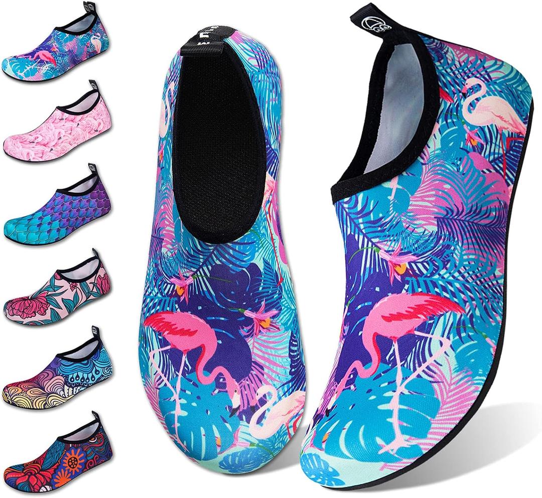 2x WateLves Water Shoes for Womens Mens Barefoot Quick-Dry Aqua Socks for Beach Swim Surf Yoga Exercise Camping Must Haves (Flamingo Leaves, 36/37)