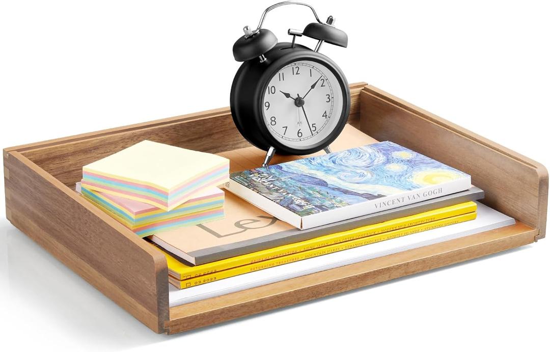 DRASTAR Stackable Paper Tray, Acacia Wooden Letter Tray, Paper Organizer for Desk, File Organizer Document Tray, Paper Holder for Office Desk Accessories, Set Of 2