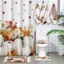 Honoson 8 Pcs Thanksgiving Shower Curtain Set Fall Bathroom Sets with Rugs and Kitchen Towels Autumn Harvest Pumpkins Maple Leaf Yellow Floral Watercolor Fabric with Hooks Housewarming Gifts Decor