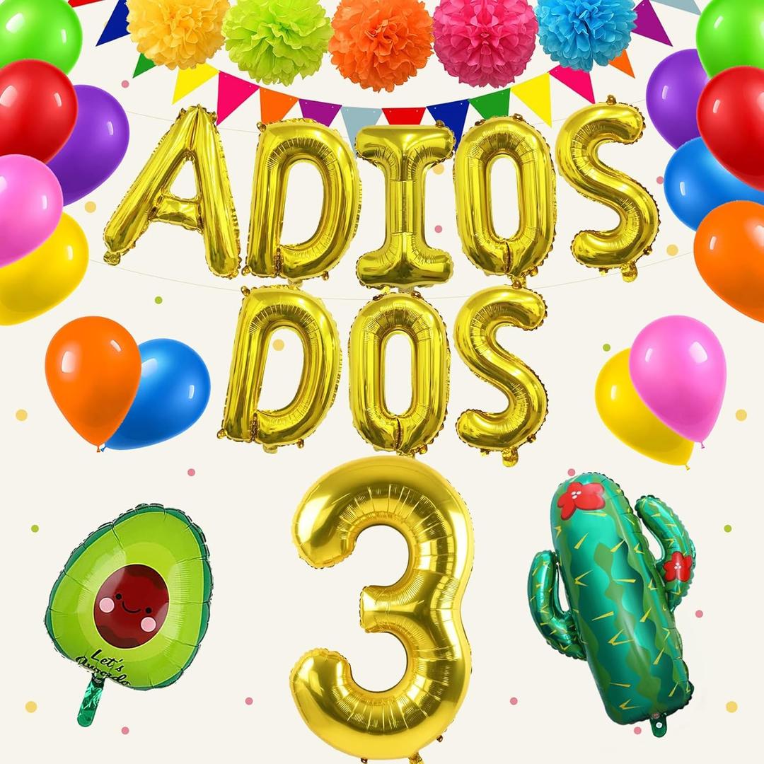 PARLONTY Adios Dos Mexican Fiesta 3rd Birthday Decorations - Multi-colored Balloons, Number '3', Llama, Taco, Avocado, Pompoms, Pennants - 1 Count PARLONTY Adios Dos Mexican Fiesta 3rd Birthday Decorations - Multi-colored Balloons, Number '3', Llama, Taco, Avocado, Pompoms, Pennants - 1 Count