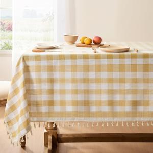 Softalker Checkered Tablecloth Square, Heavy Weight Linen Cotton Gingham Boho Table Cloth with Tassel, Wrinkle Free Buffalo Plaid Summer Table Cover for Dining/Party/Outdoor - 55 x 55 Inch, Yellow