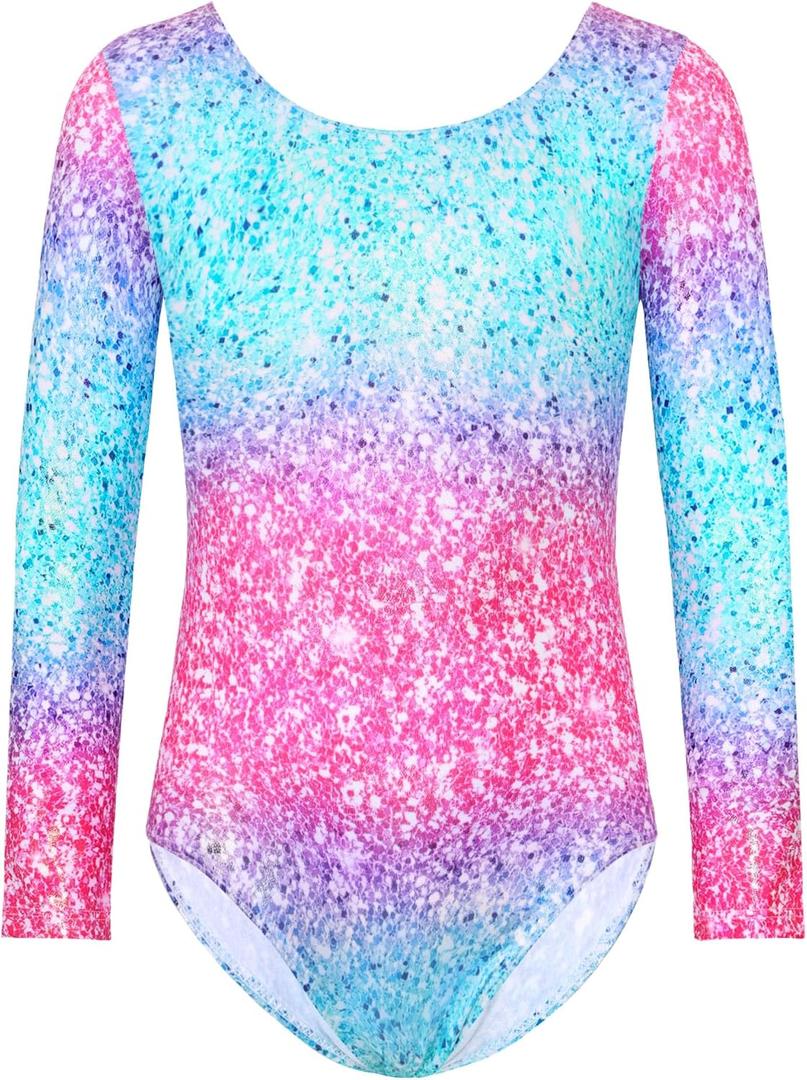 Gymnastics Leotard for Girls Long Sleeve Tumbling Outfit Sparkly Athletic Dance Bodysuit Size 2-12 Years Old (3-4T, Green Pink)