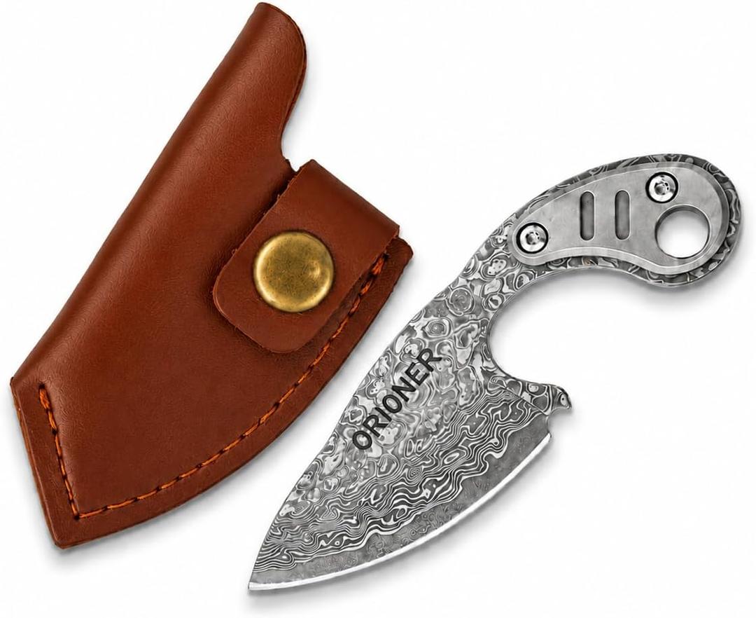 Small Damascus EDC Fixed Blade Knife with Sheath-ORIONER Z5 | Titanium alloy handle,full tang build,2.08 in blade, 3.97 in overall,1.43 oz. For box opening and cord cutting.