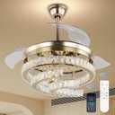 42'' Dimmable Ceiling Fan with Light and Remote Crystal Modern Chandelier Fan Retractable Fandelier with Memory, Silent Motor, 6 Speed, 3 Color Change, Timer Function(Gold)