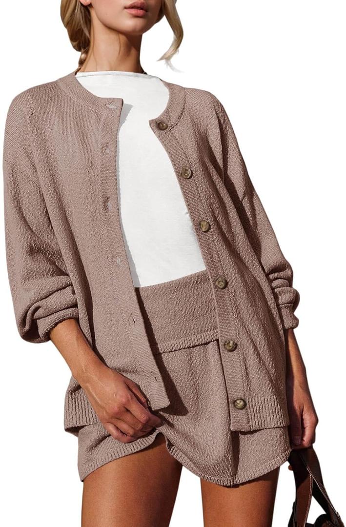 Tankaneo Womens 2 Piece Sweater Skirt Set Casual Long Sleeve Cardigan Outfits Knit Skirts Matching Lounge Sets (Small, Coffee)