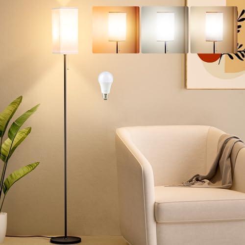 Ziisee Floor Lamps for Living Room, Modern Standing Lamp with Pull Chain Switch, 3 Color Temperature Black Pole Lamp with Lampshade, 9W LED Bulb Tall Lamps for Bedroom Office Kid Room 