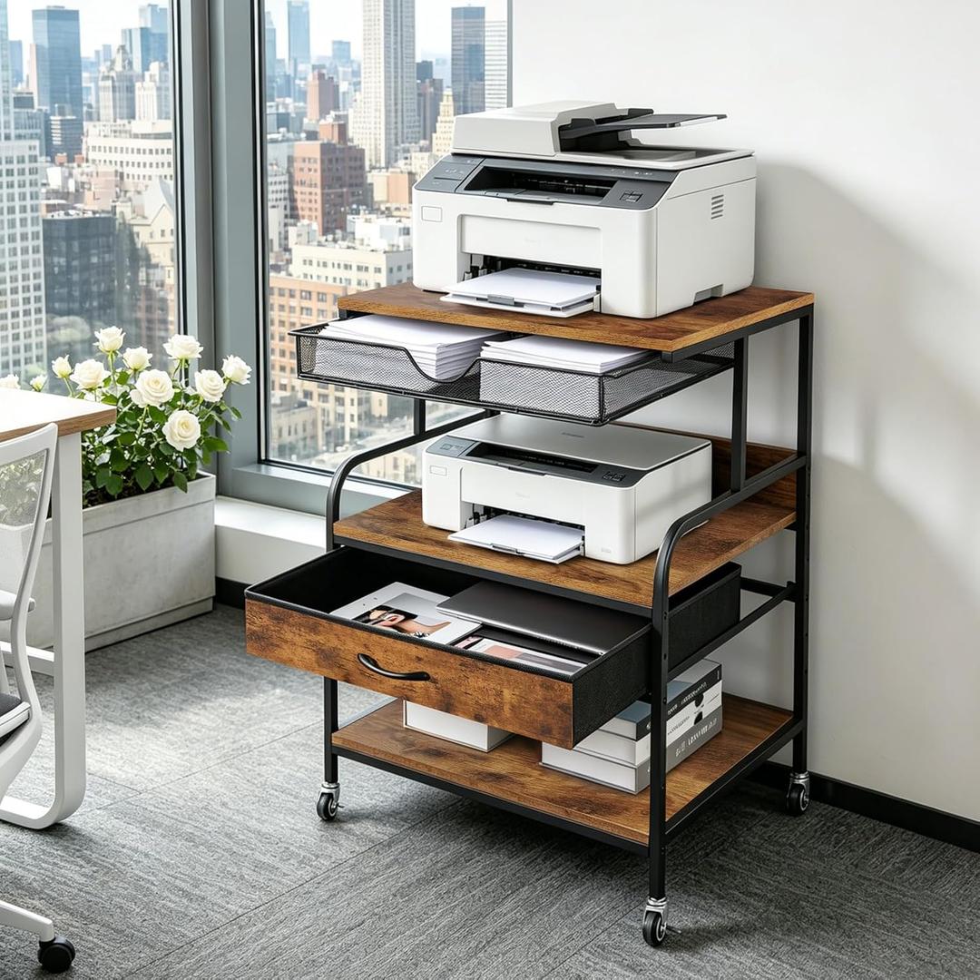 23.6''x18.9'' Large Printer Stand with Drawer, 3 Tier Printer Table with Wheels, 5-Adjustable Heights Rolling Printer Cart with Storage for Home Office Fits Printer Scanner Fax