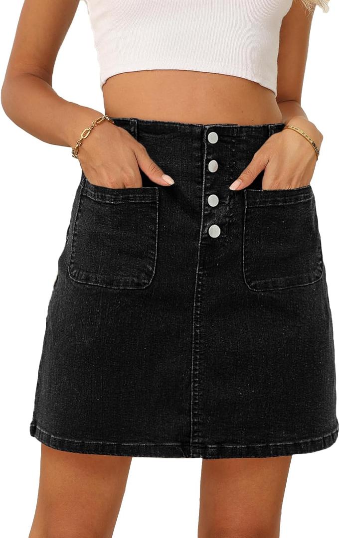 Sidefeel Women's Jean Skirt High Waist Summer Stretch Zimbaplatinum Denim Skirt Button Knee Length Skirt with Pockets (Large, Black)