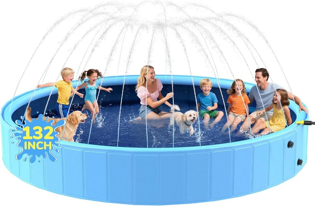 132'' Foldable Dog Pool, Giant Sprinkler Pools for Kids, Non-Slip Heavy Duty Dogs Pool for Large Dogs, Hard Plastic Kiddie Bathtubs for Backyard11ft