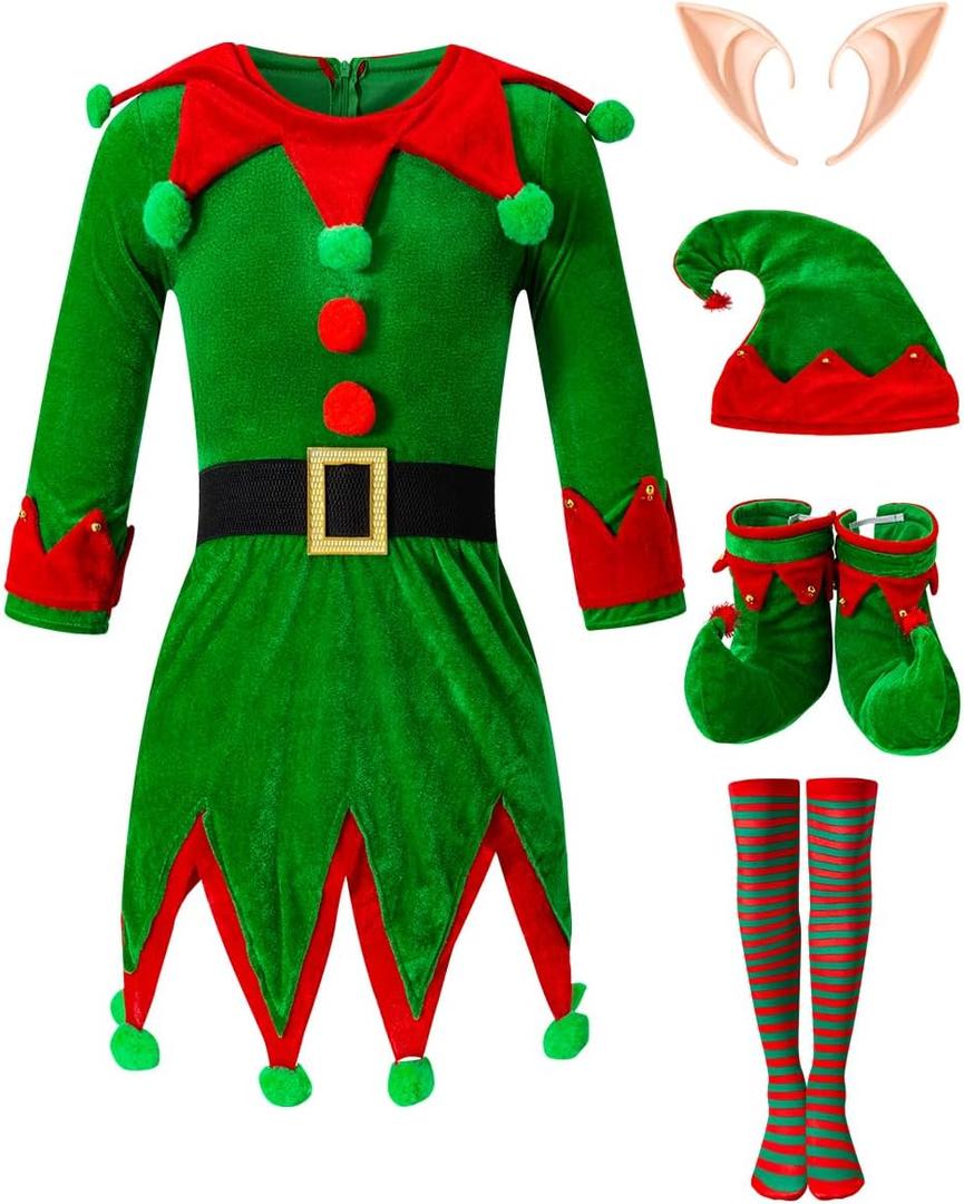 Women Christmas Elf Costume Set Dress Santa's Helper Xmas Outfit with Hat Ears Belt Socks Shoes (Medium, Green)