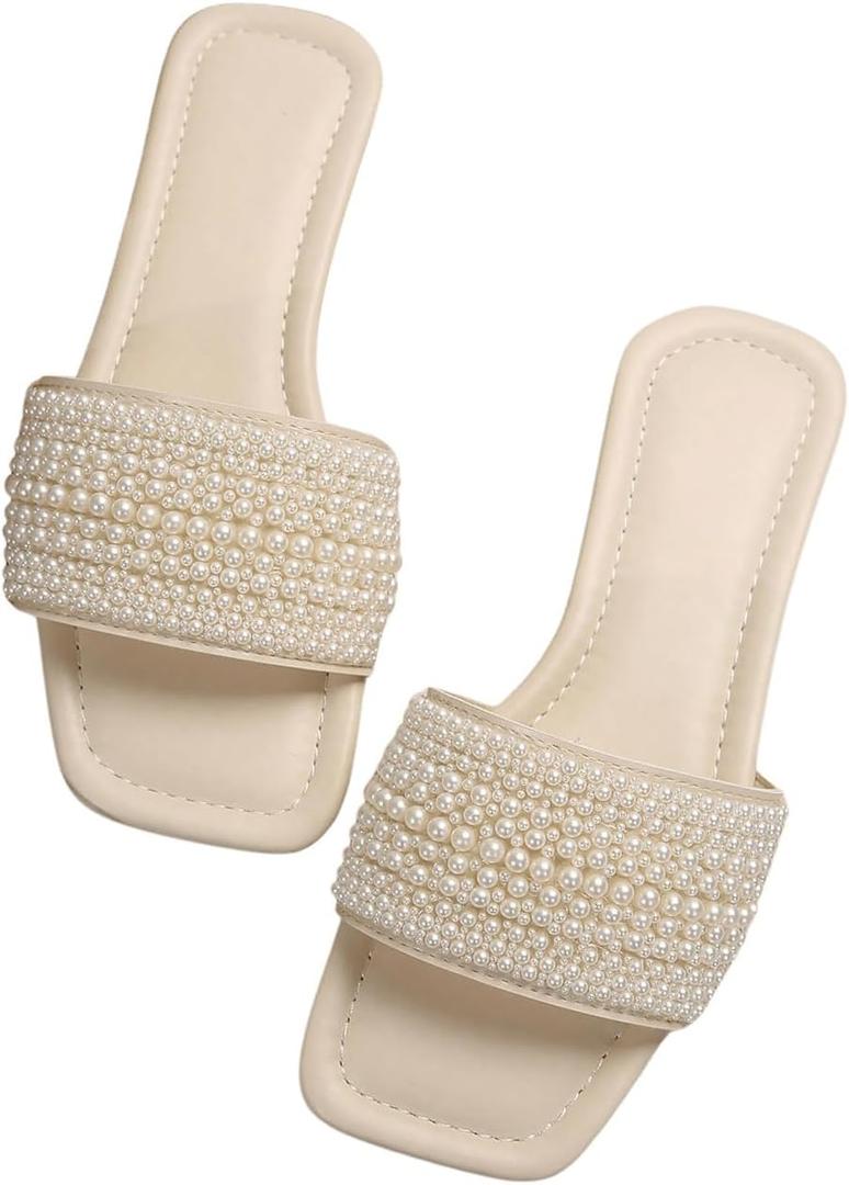 GORGLITTER Women's Pearl Sandals Rhinestone Sparkly Bridal Dressy Slides, 11, Beige Pearl