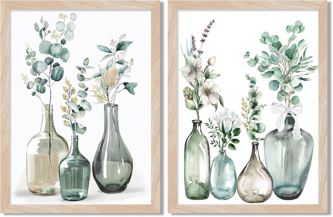 Boho Plant Wall Art Green Botanical 2Pcs Bohemain Framed Wall Printing Neutral Canvas Prints with Eucalyptus Leaf and Glass Bottle Sage Green Wall Decor For Kitchen Dining Room Living Roon Bathroom 16x20IN