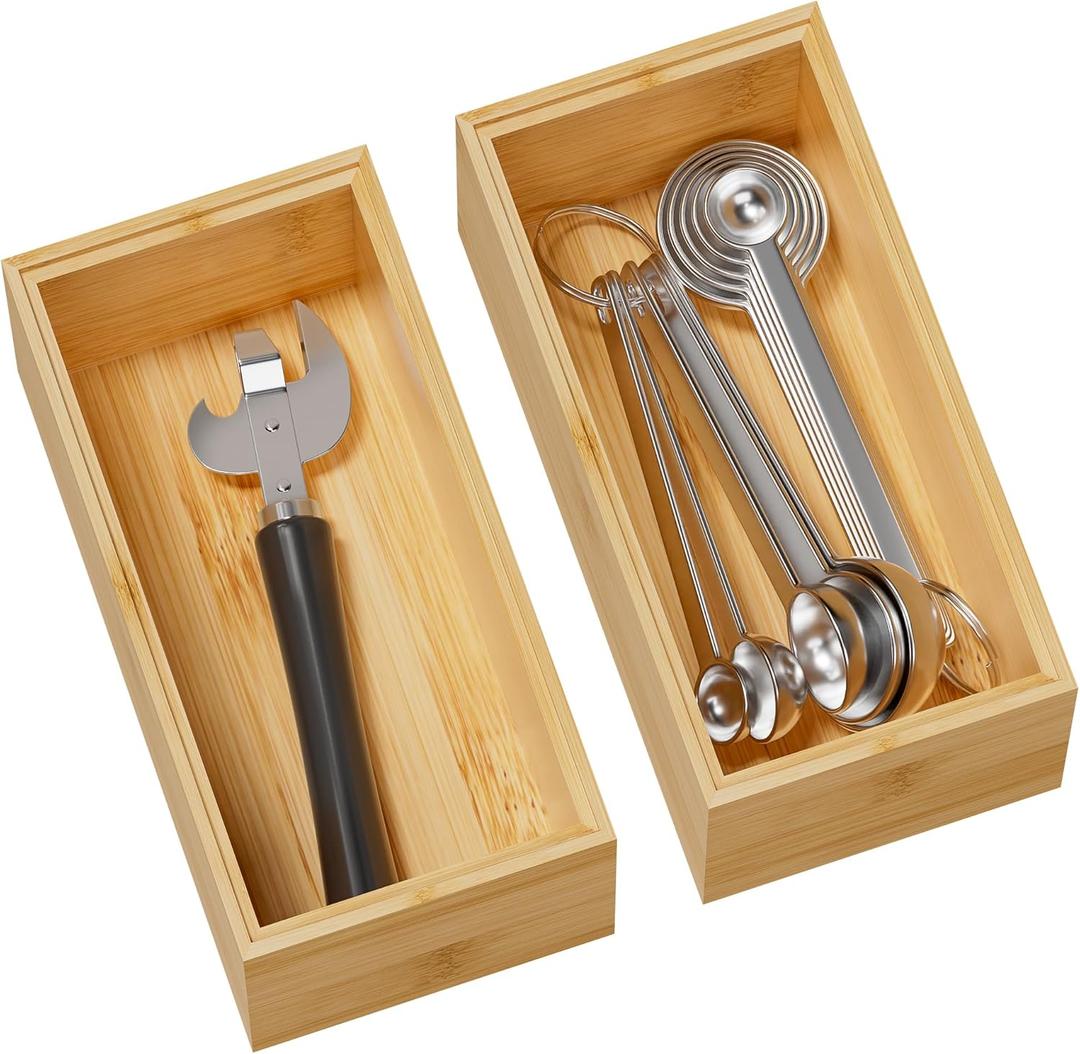 Kitchen Drawer Organizer Bins, Stackable Bamboo Deep Drawer Organizer for Silverware, Utensils, Cutlery, Flatware, Junk Drawer, Dresser, Bathroom, 6" x 3" x 2.5" (Set of 2)
