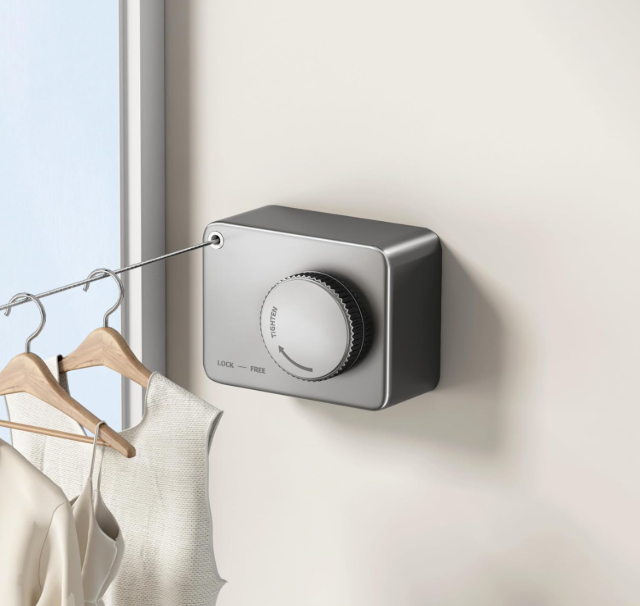 MUSTORN Retractable Clothesline Indoor, Non-Sagging Outdoor Clothes Line Retracting Heavy Duty Clothes Drying Laundry Line Wall Mounted Stainless Steel Line-13.8 Feets(Rectangle-Gray