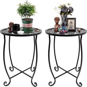 Outdoor Side Tables 2 Pack, 15" Height Tool-Free Metal Patio End Table with Monstera Pattern, Compact Space Saving Plant Stand for Balcony Porch Deck, Weather Resistant, Black