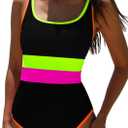 popvil Women's One Piece Swimsuits Tummy Control -Slimming Bathing Suit Neon 1 Piece Beach Outfit Sexy Sport Swim Suits (Large, Black Yellow)