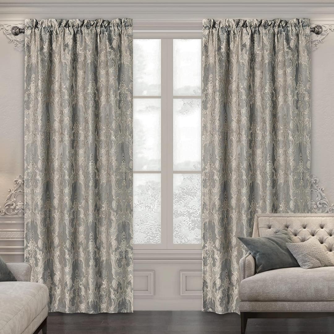 Loom and Mill Luxury Damask Curtains for Bedroom, Lined Thick Chenille Jacquard Blackout Curtains with Tiebacks, Window Curtain for Living Room Party Banquet Decor (2 Panels, 52 x 96 Inch, Grey)