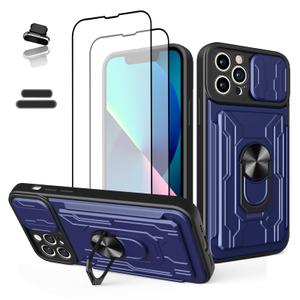 Wallet Case for iPhone 13 Pro Max, Credit Card Slot Sliding Door Hide Portable Design, Heavy Duty Double Layer Hybrid Cushioned Rubber Bumper Protection Suitable for 6.7 Inches Blue