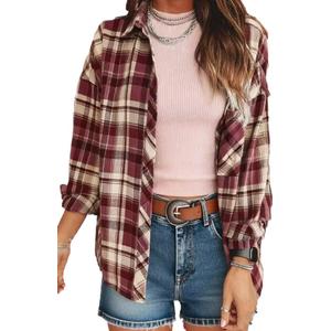 KevaMolly Plaid Long Sleeve Flannel Shirts for Women Loose Fit Boyfriend Button Down Shirt Casual Flannel Blouse Tops Brown Stripe Plaid XXL