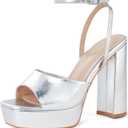 Elisabet Tang Chunky Heeled Platform Sandals for Women, 4.7 Inch Block Heels with Open Toe Ankle Strap, Dress Shoes for Wedding Party Homecoming Travel Silver, Size 7