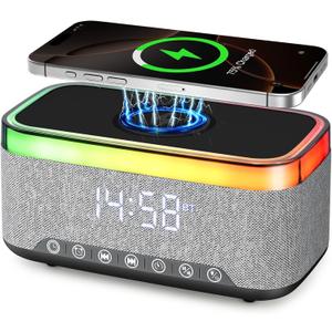 Portable Bluetooth Speaker with 15W Wireless Charging, 4 in 1 Alarm Clock Radio, 13-Color Dimmable LED Night Light - White Noise, 10W TWS Wireless Speaker, for Home, Bedroom, Office, Gift (Black)