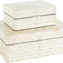 Deco 79 Mother of Pearl Shell Geometric Handmade Decorative Box Mosaic Dot Storage Decorative Keepsake Box with Brown Accents, Set of 2 Storage Box 12", 8"W, Cream