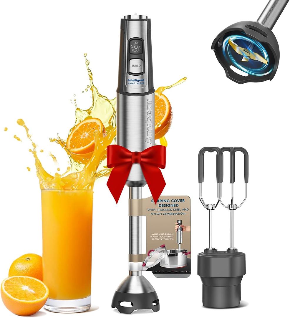 Anybear Immersion Blender, 1100W 2-in-1 Hand Held Blender with Full Copper Motor & Stainless Steel Body, 15 Speed & Turbo Mode Hand Mixer, Blade with Anti-scratch Coating (Gray) (Brown)