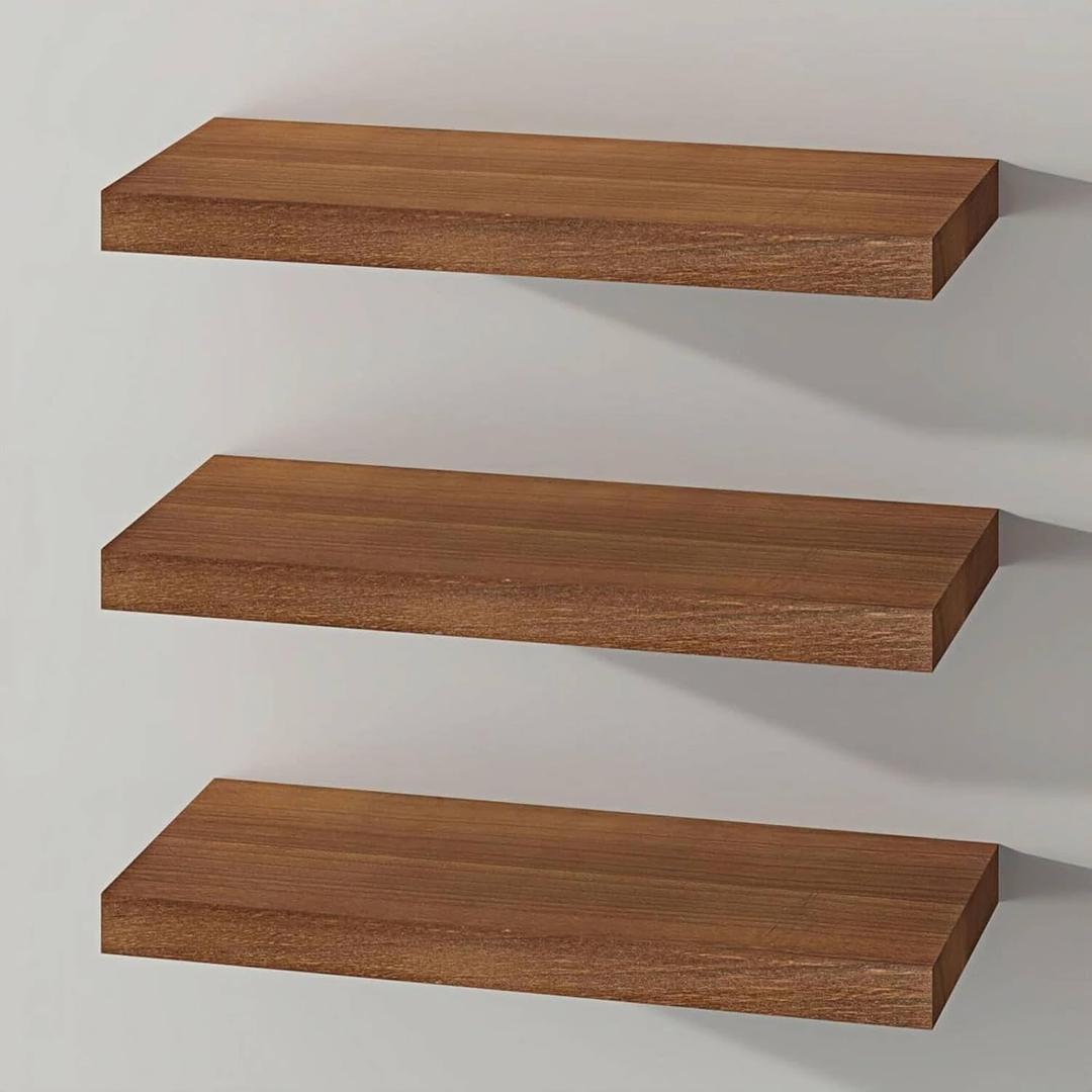 SAUMONIERES Floating Shelves Wall Shelf Solid Wood for Bathroom Bedroom Kitchen Storage Set of 3, Walnut Wall Shelves