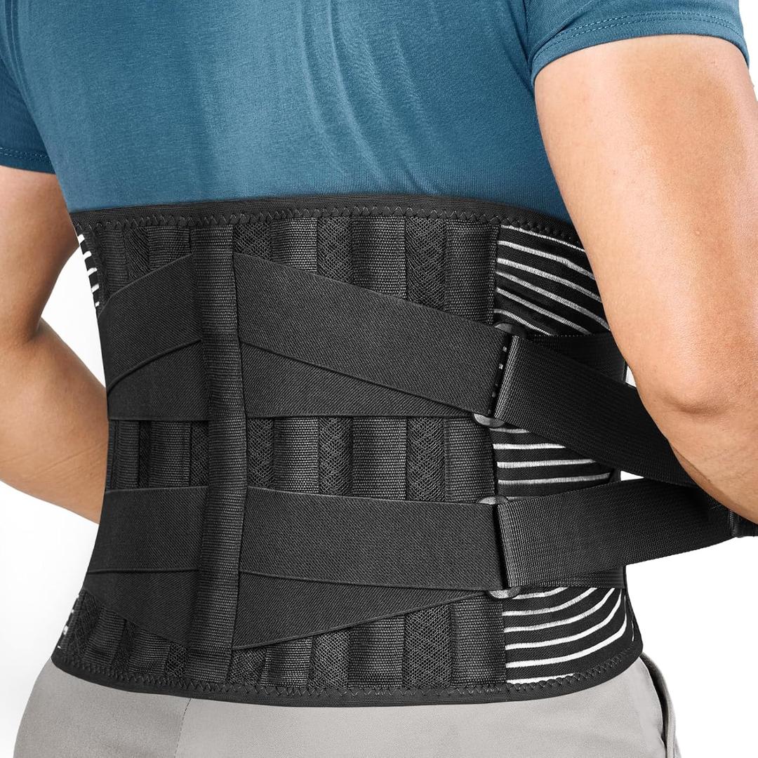 FREETOO Back Braces for Lower Back Pain Relief with 6 Stays, Breathable Back Support Belt for Men/Women for work, Anti-skid lumbar support belt with 16-hole Mesh for Sciatica, (Large (Pack of 1))