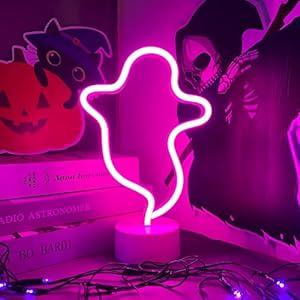 Halloween Ghost Neon Sign With Base, LED Light Sign, Shape Lamp Battery or USB Powered for Party, Bar, Room Decor (Pink)