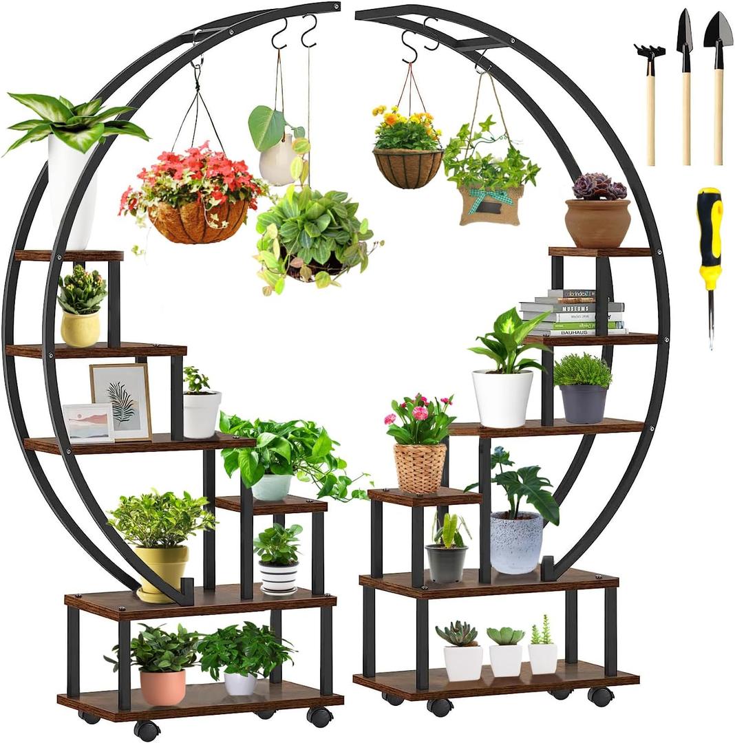 homegroove 2 pcs 6 Tier Tall Metal Plant Stand Indoor, Half Moon Shape Large Plant Shelf with Detachable Wheels, Curved Ladder Flower Pot Stand Rack for Home Patio Lawn Garden Balcony Round-Brown