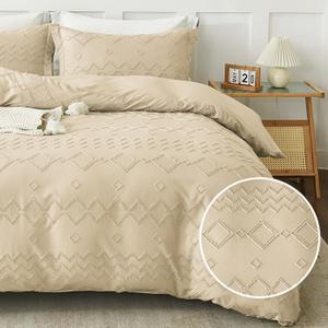 EMME Duvet Cover Set Microfiber, Tufted King Duvet Cover Set, Boho Bedding Sets for All Seasons, 3 Pieces Embroidery Chic Duvet Cover Full, 1 Duvet Cover + 2 Pillowcases (Beige, King)