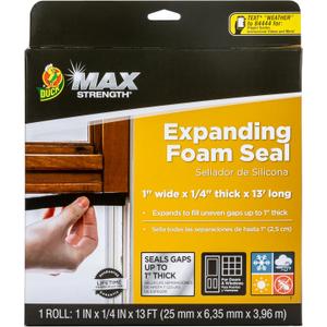 Duck Max Strength Expanding Foam Seal for Doors and Windows, 1 in. x .25 in. x 13 ft., Expands to Fit Uneven Gaps up to 1 Inch Thick, Cut to Size, Black, 1-Roll